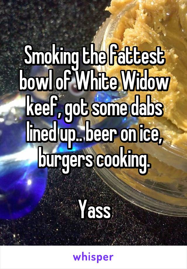 Smoking the fattest bowl of White Widow keef, got some dabs lined up.. beer on ice, burgers cooking.

Yass
