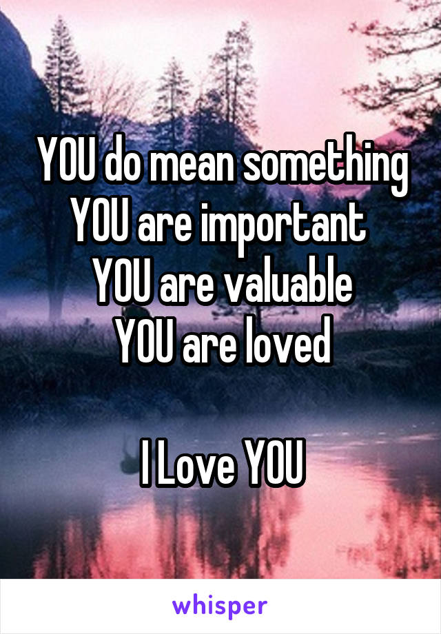 YOU do mean something YOU are important 
YOU are valuable
 YOU are loved 

I Love YOU