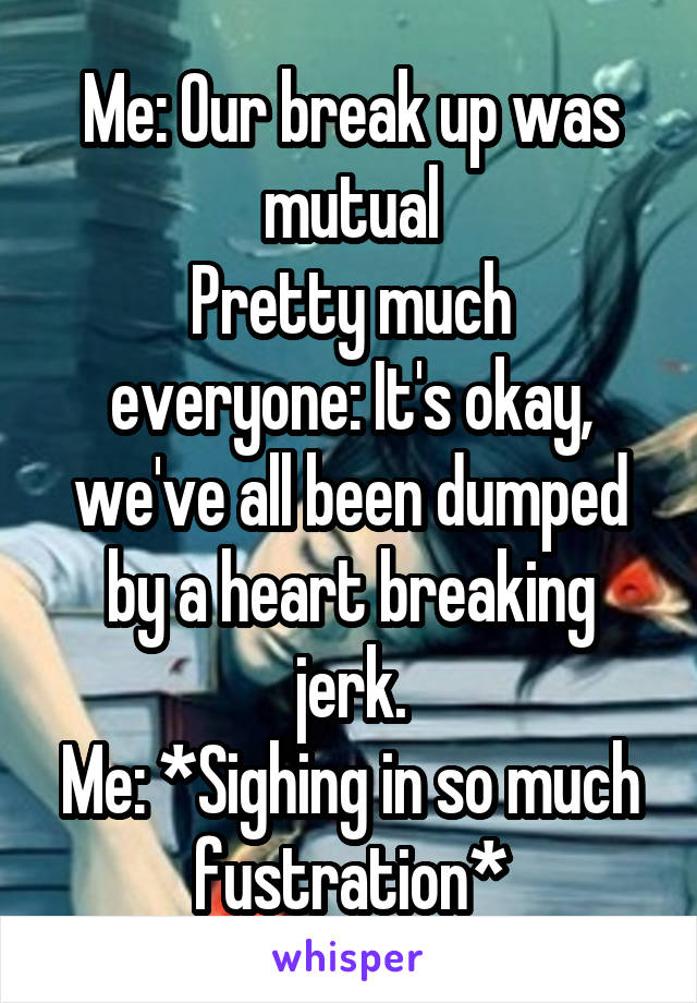 Me: Our break up was mutual
Pretty much everyone: It's okay, we've all been dumped by a heart breaking jerk.
Me: *Sighing in so much fustration*