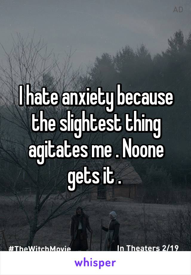 I hate anxiety because the slightest thing agitates me . Noone gets it . 