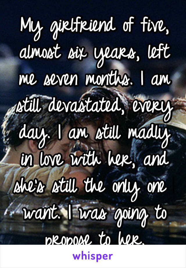 My girlfriend of five, almost six years, left me seven months. I am still devastated, every day. I am still madly in love with her, and she's still the only one I want. I was going to propose to her.