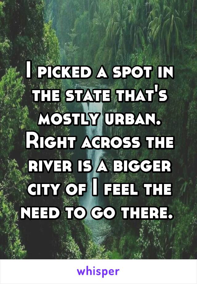 I picked a spot in the state that's mostly urban. Right across the river is a bigger city of I feel the need to go there. 