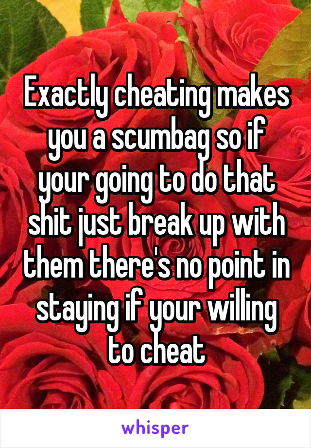 Exactly cheating makes you a scumbag so if your going to do that shit just break up with them there's no point in staying if your willing to cheat