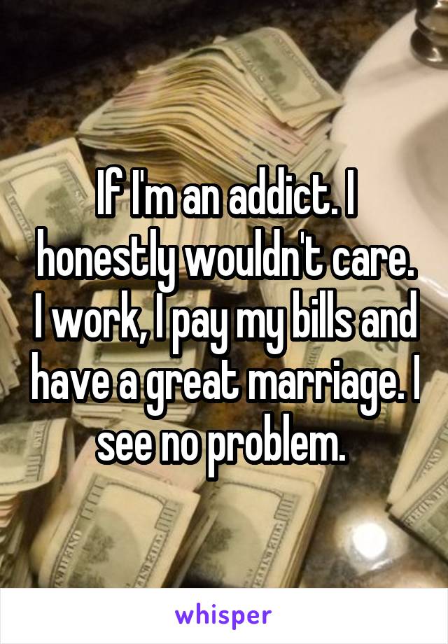 If I'm an addict. I honestly wouldn't care. I work, I pay my bills and have a great marriage. I see no problem. 