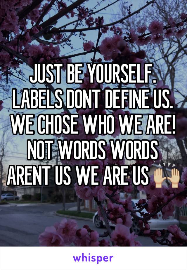 JUST BE YOURSELF. LABELS DONT DEFINE US. WE CHOSE WHO WE ARE! NOT WORDS WORDS ARENT US WE ARE US 🙌🏼