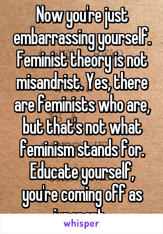 Now you're just embarrassing yourself. Feminist theory is not misandrist. Yes, there are feminists who are, but that's not what feminism stands for. Educate yourself, you're coming off as ignorant. 