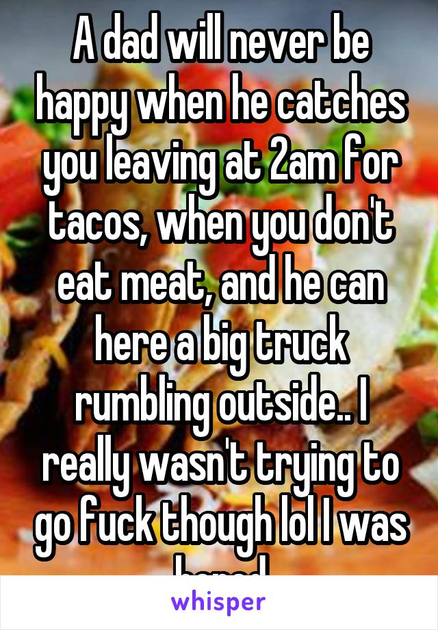 A dad will never be happy when he catches you leaving at 2am for tacos, when you don't eat meat, and he can here a big truck rumbling outside.. I really wasn't trying to go fuck though lol I was bored