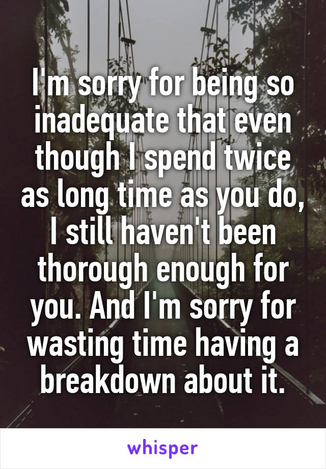 I'm sorry for being so inadequate that even though I spend twice as long time as you do, I still haven't been thorough enough for you. And I'm sorry for wasting time having a breakdown about it.