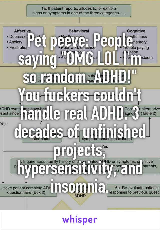 Pet peeve: People saying "OMG LOL I'm so random. ADHD!"
You fuckers couldn't handle real ADHD. 3 decades of unfinished projects, hypersensitivity, and insomnia.