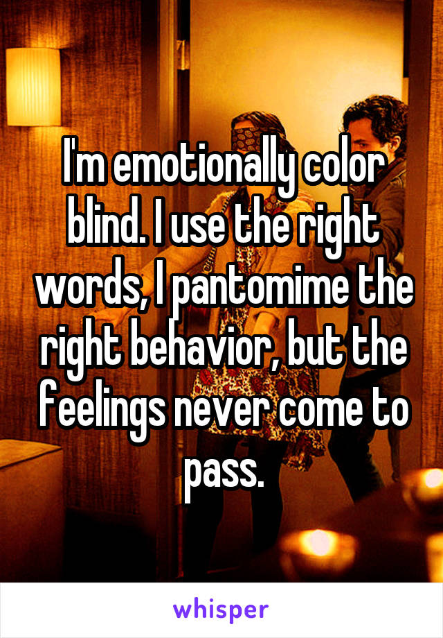 I'm emotionally color blind. I use the right words, I pantomime the right behavior, but the feelings never come to pass.