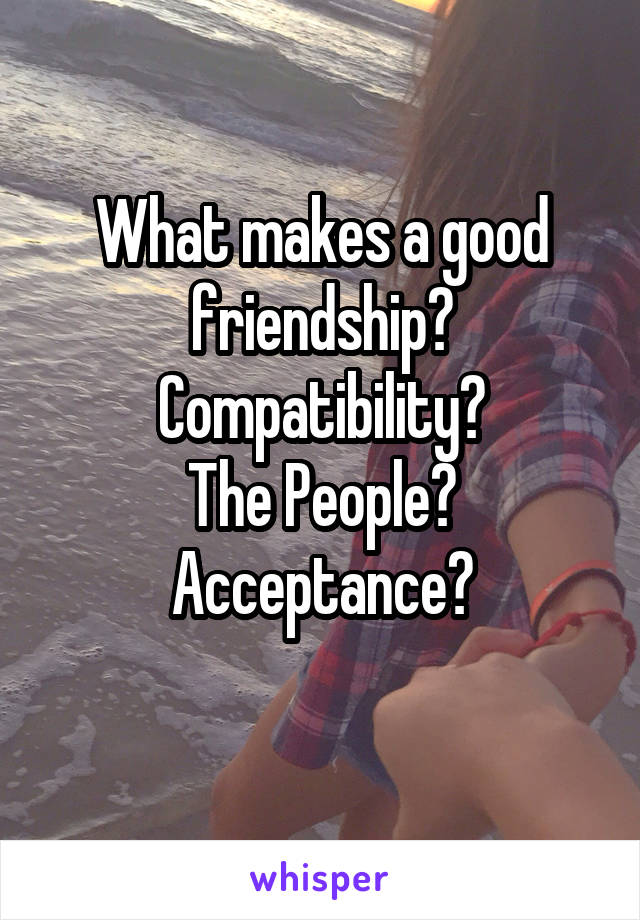 What makes a good friendship?
Compatibility?
The People?
Acceptance?
