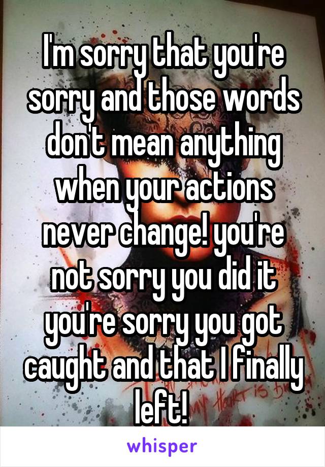 I'm sorry that you're sorry and those words don't mean anything when your actions never change! you're not sorry you did it you're sorry you got caught and that I finally left! 