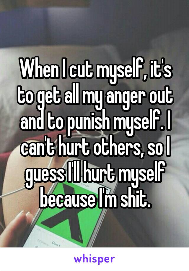 When I cut myself, it's to get all my anger out and to punish myself. I can't hurt others, so I guess I'll hurt myself because I'm shit.