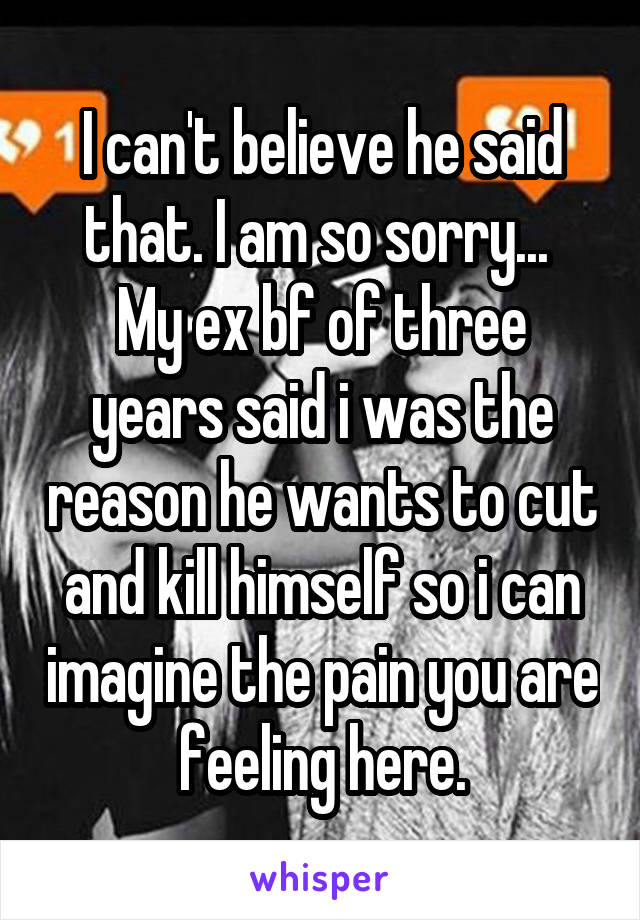 I can't believe he said that. I am so sorry... 
My ex bf of three years said i was the reason he wants to cut and kill himself so i can imagine the pain you are feeling here.