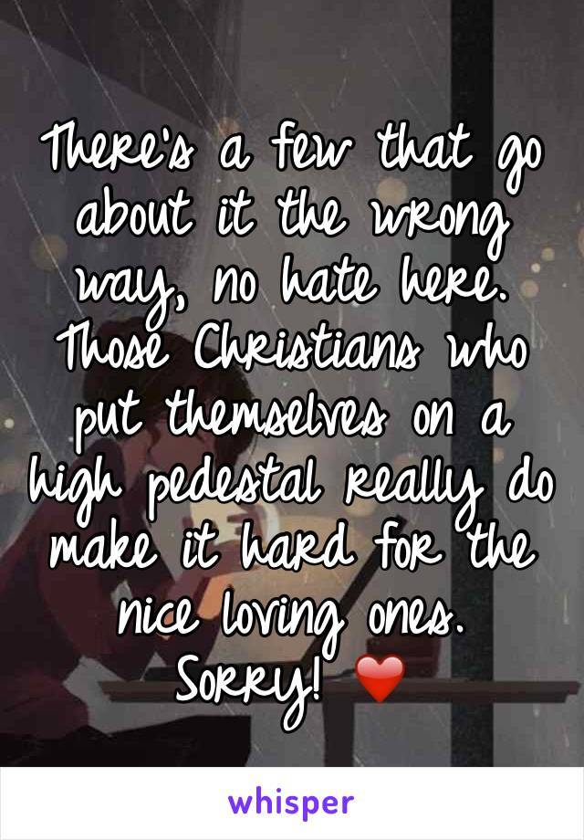 There's a few that go about it the wrong way, no hate here. Those Christians who put themselves on a high pedestal really do make it hard for the nice loving ones.
Sorry! ❤️