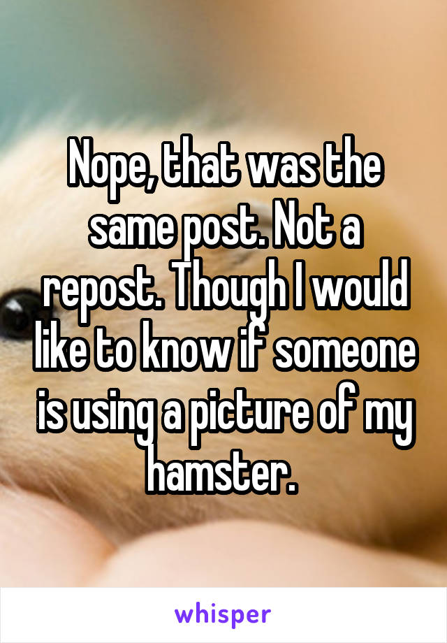 Nope, that was the same post. Not a repost. Though I would like to know if someone is using a picture of my hamster. 