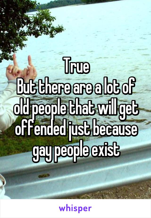 True
But there are a lot of old people that will get offended just because gay people exist