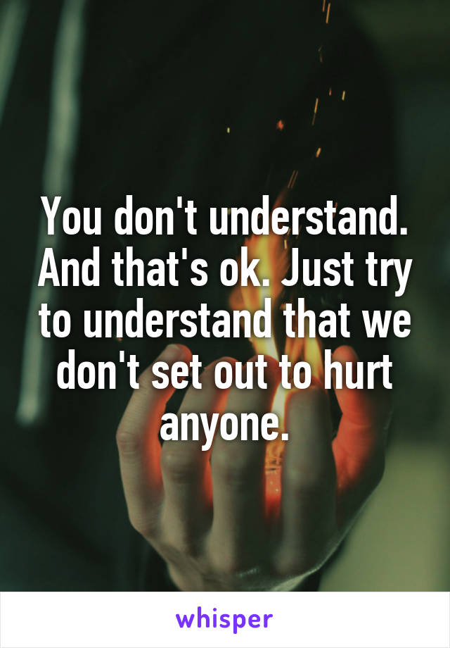 You don't understand. And that's ok. Just try to understand that we don't set out to hurt anyone.