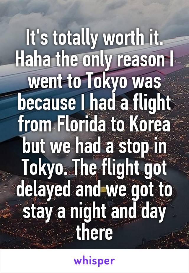 It's totally worth it. Haha the only reason I went to Tokyo was because I had a flight from Florida to Korea but we had a stop in Tokyo. The flight got delayed and we got to stay a night and day there