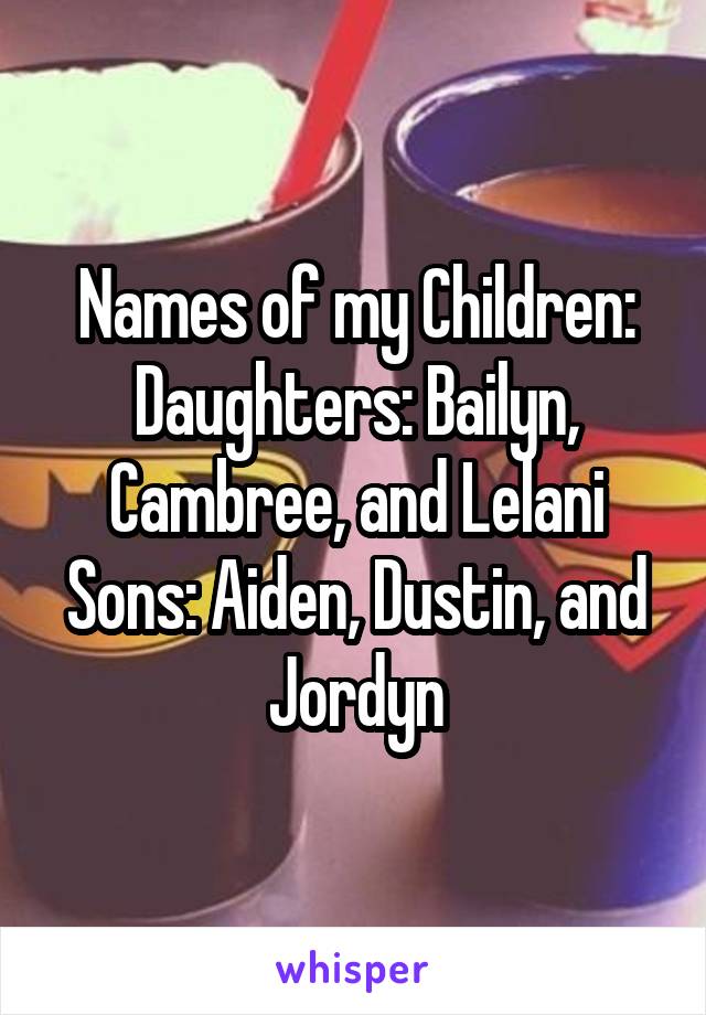 Names of my Children:
Daughters: Bailyn, Cambree, and Lelani
Sons: Aiden, Dustin, and Jordyn