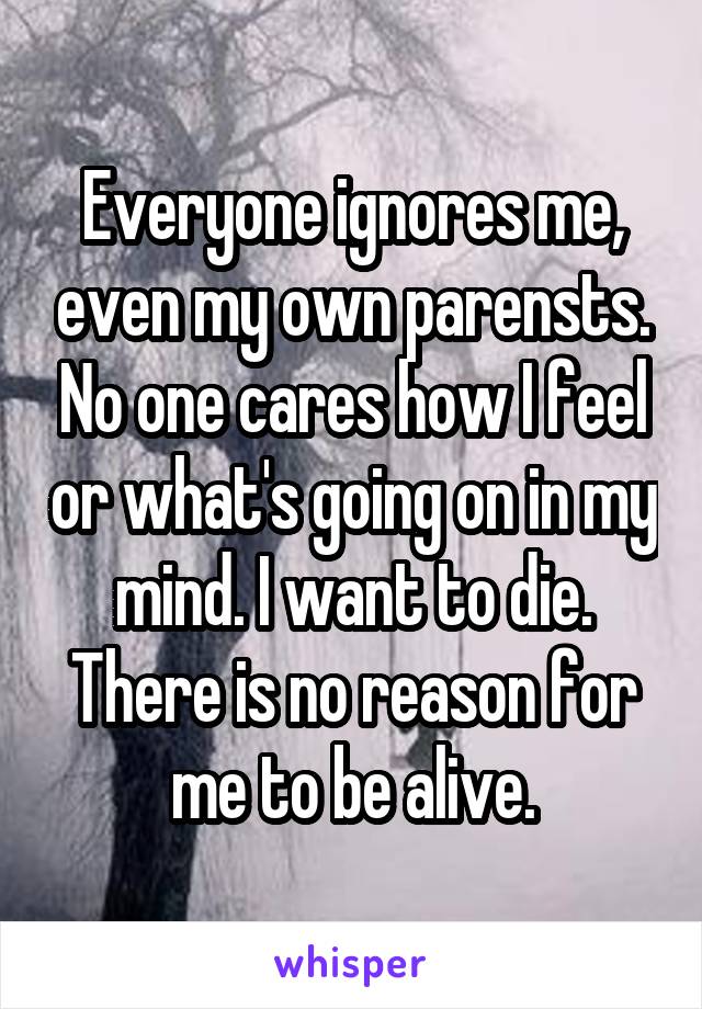 Everyone ignores me, even my own parensts. No one cares how I feel or what's going on in my mind. I want to die. There is no reason for me to be alive.