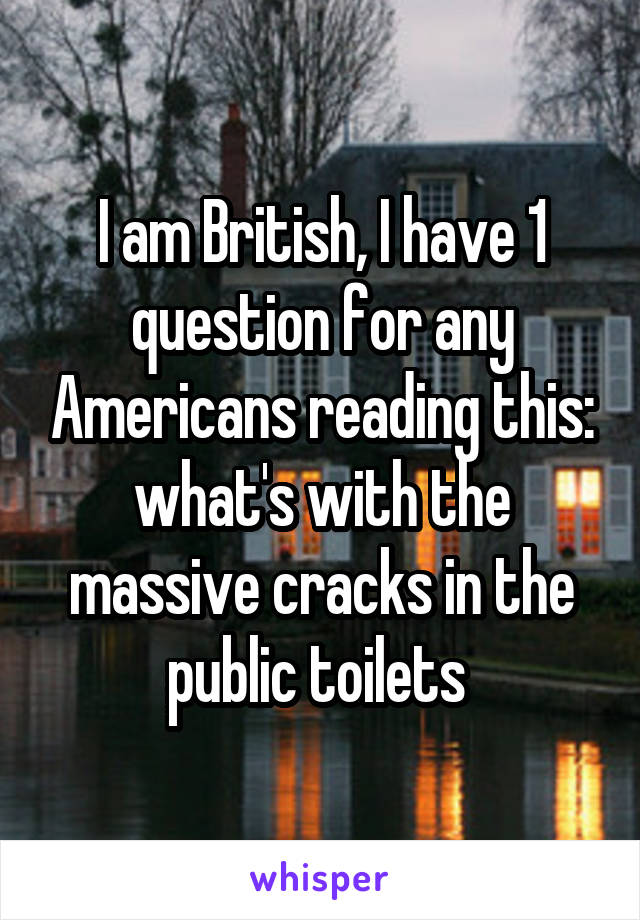 I am British, I have 1 question for any Americans reading this:
what's with the massive cracks in the public toilets 