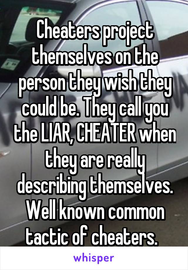 Cheaters project themselves on the person they wish they could be. They call you the LIAR, CHEATER when they are really describing themselves. Well known common tactic of cheaters.  