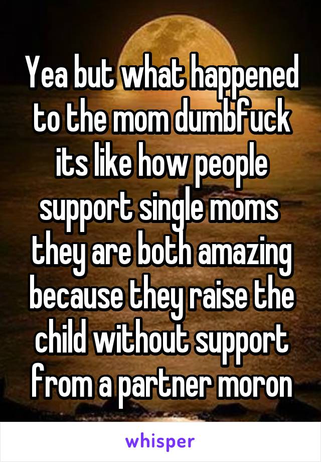 Yea but what happened to the mom dumbfuck its like how people support single moms  they are both amazing because they raise the child without support from a partner moron