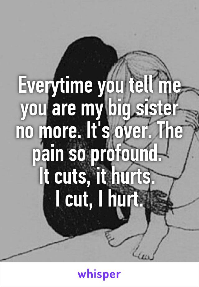 Everytime you tell me you are my big sister no more. It's over. The pain so profound. 
It cuts, it hurts. 
I cut, I hurt.
