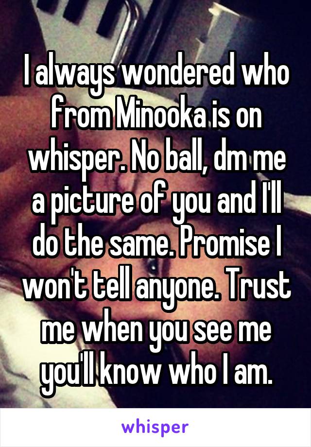 I always wondered who from Minooka is on whisper. No ball, dm me a picture of you and I'll do the same. Promise I won't tell anyone. Trust me when you see me you'll know who I am.