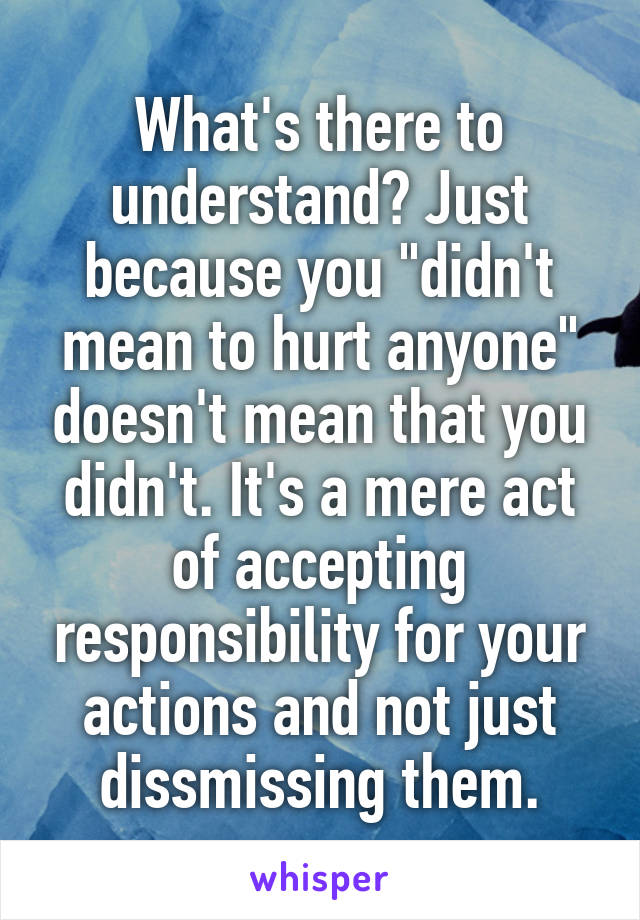 What's there to understand? Just because you "didn't mean to hurt anyone" doesn't mean that you didn't. It's a mere act of accepting responsibility for your actions and not just dissmissing them.