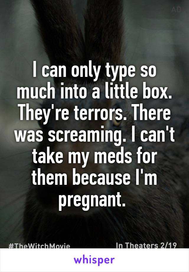 I can only type so much into a little box. They're terrors. There was screaming. I can't take my meds for them because I'm pregnant. 