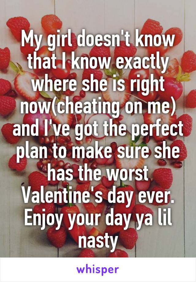 My girl doesn't know that I know exactly where she is right now(cheating on me) and I've got the perfect plan to make sure she has the worst Valentine's day ever. Enjoy your day ya lil nasty