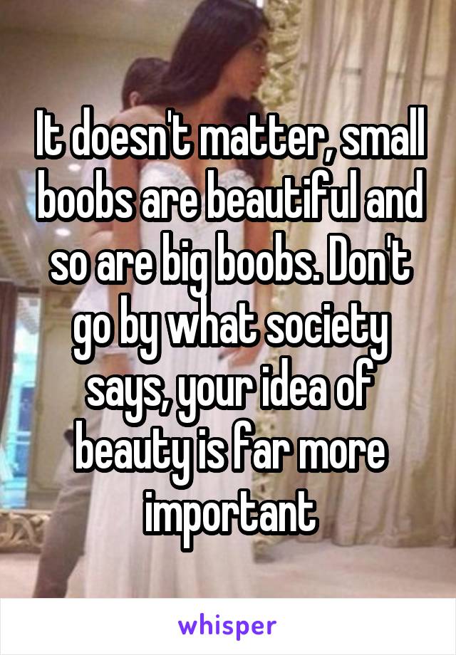 It doesn't matter, small boobs are beautiful and so are big boobs. Don't go by what society says, your idea of beauty is far more important