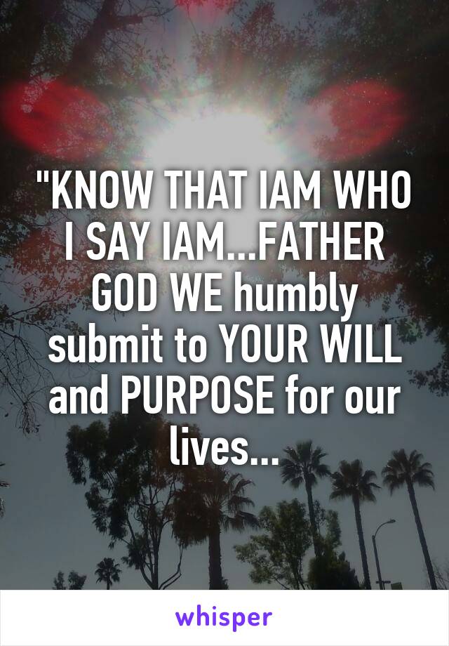 "KNOW THAT IAM WHO I SAY IAM...FATHER GOD WE humbly submit to YOUR WILL and PURPOSE for our lives...