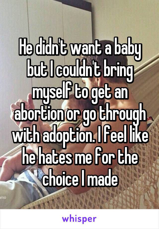He didn't want a baby but I couldn't bring myself to get an abortion or go through with adoption. I feel like he hates me for the choice I made
