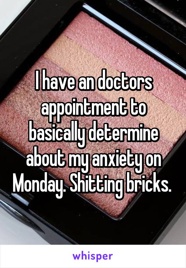 I have an doctors appointment to basically determine about my anxiety on Monday. Shitting bricks. 