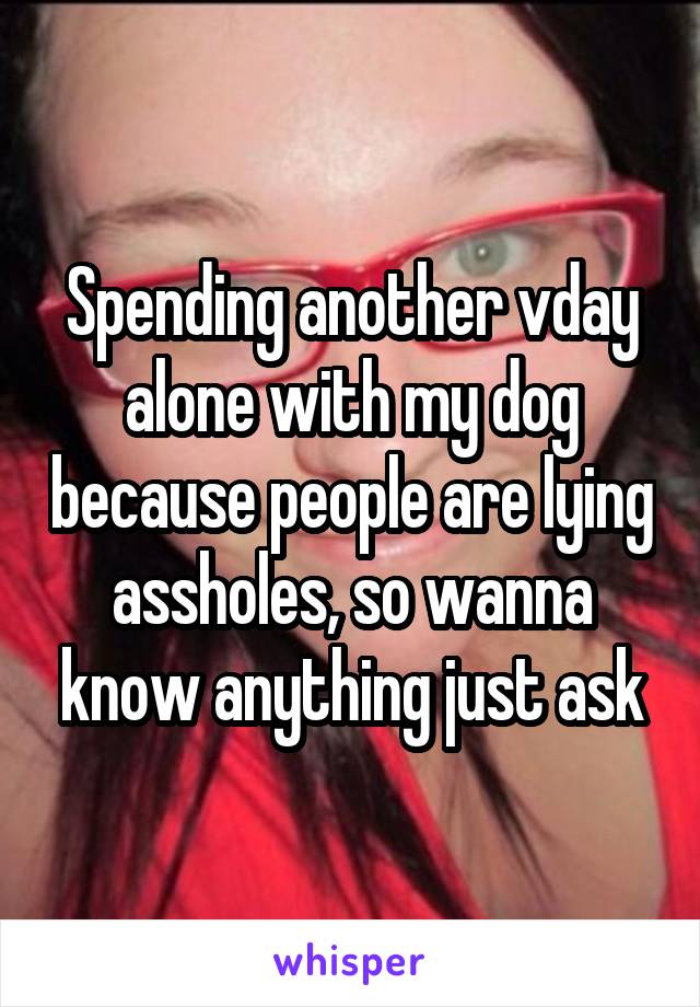 Spending another vday alone with my dog because people are lying assholes, so wanna know anything just ask