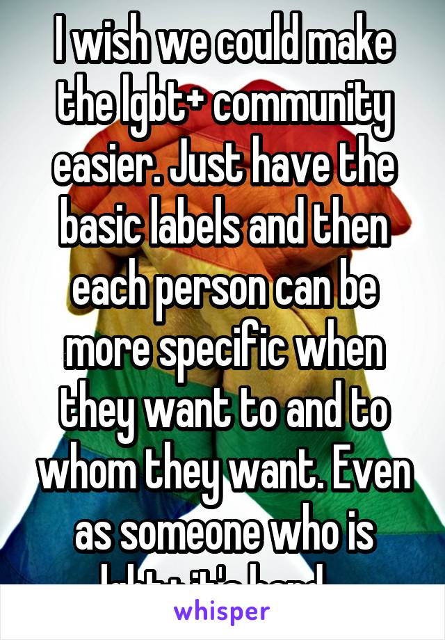I wish we could make the lgbt+ community easier. Just have the basic labels and then each person can be more specific when they want to and to whom they want. Even as someone who is lgbt+ it's hard.  