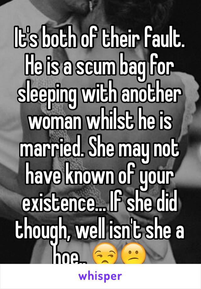 It's both of their fault. He is a scum bag for sleeping with another woman whilst he is married. She may not have known of your existence... If she did though, well isn't she a hoe.. 😒😕