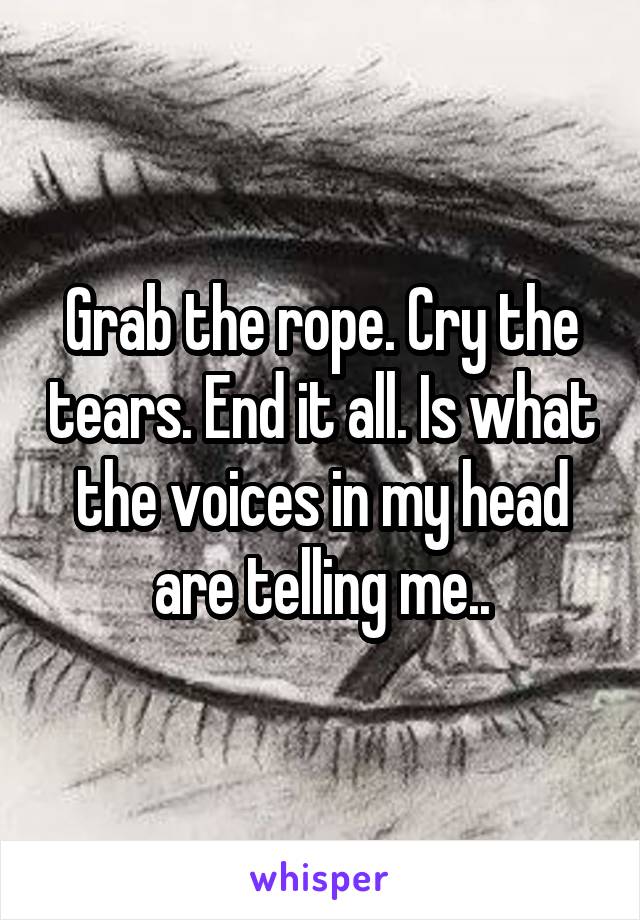 Grab the rope. Cry the tears. End it all. Is what the voices in my head are telling me..