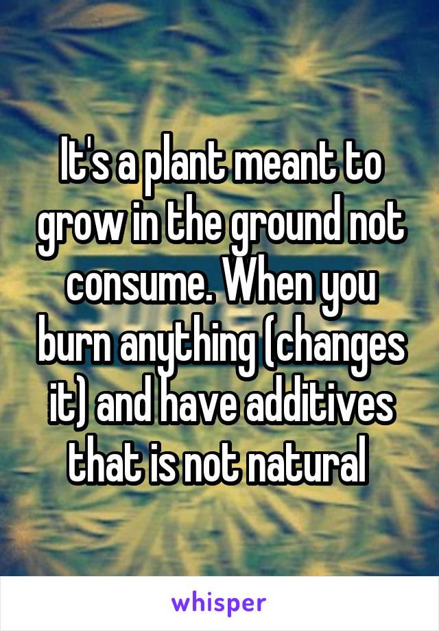It's a plant meant to grow in the ground not consume. When you burn anything (changes it) and have additives that is not natural 