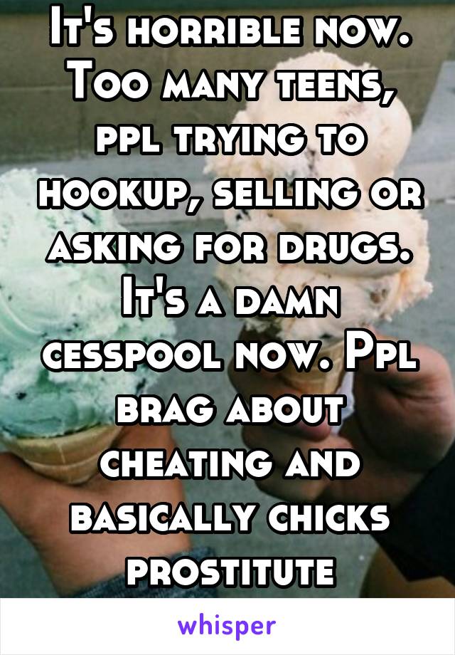 It's horrible now. Too many teens, ppl trying to hookup, selling or asking for drugs. It's a damn cesspool now. Ppl brag about cheating and basically chicks prostitute themselves a lot.