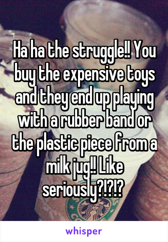 Ha ha the struggle!! You buy the expensive toys and they end up playing with a rubber band or the plastic piece from a milk jug!! Like seriously?!?!? 