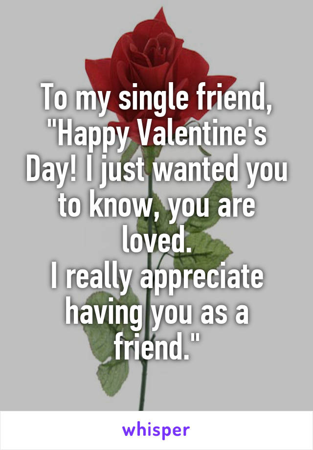 To my single friend, "Happy Valentine's Day! I just wanted you to know, you are loved.
I really appreciate having you as a friend."