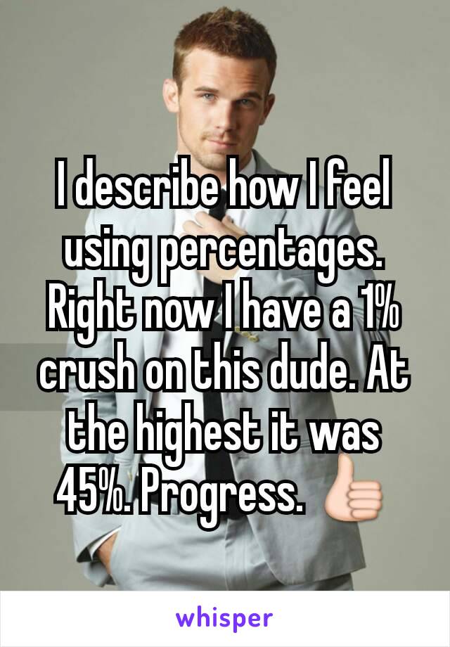 I describe how I feel using percentages. Right now I have a 1% crush on this dude. At the highest it was 45%. Progress. 👍