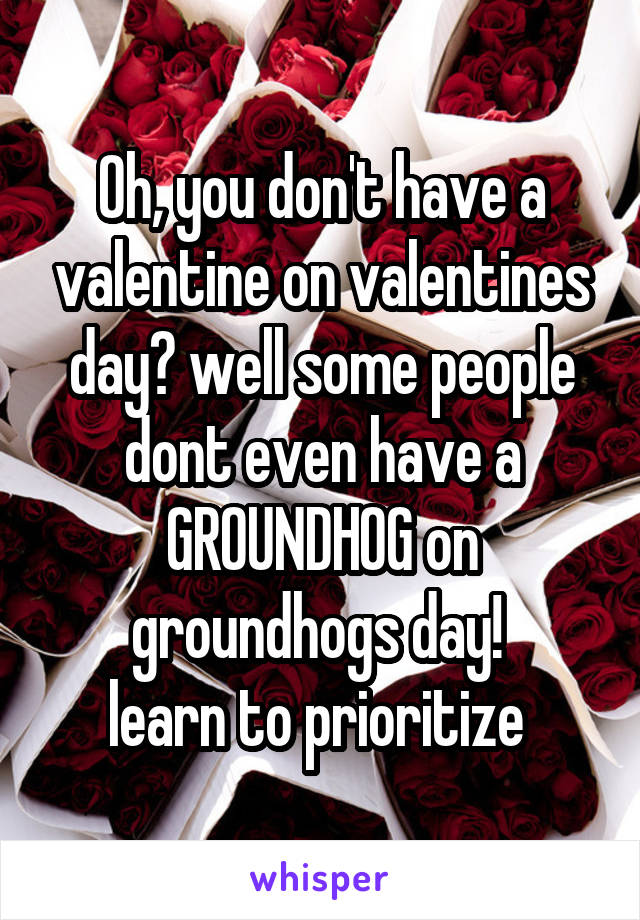 Oh, you don't have a valentine on valentines day? well some people dont even have a GROUNDHOG on groundhogs day! 
learn to prioritize 