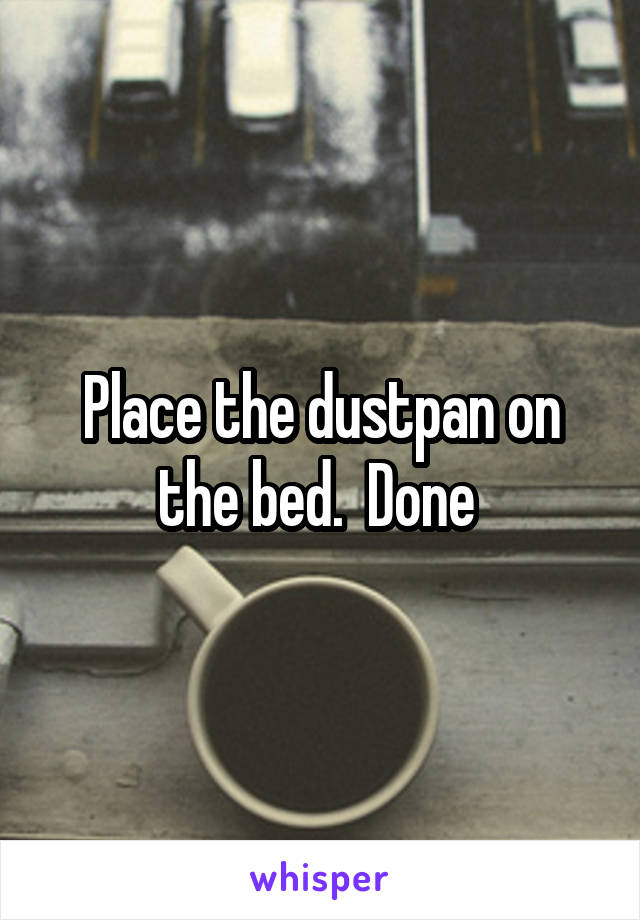 Place the dustpan on the bed.  Done 