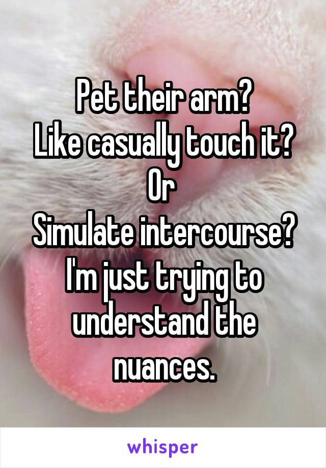 Pet their arm?
Like casually touch it?
Or 
Simulate intercourse?
I'm just trying to understand the nuances.