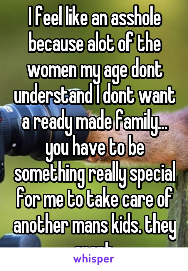 I feel like an asshole because alot of the women my age dont understand I dont want a ready made family... you have to be something really special for me to take care of another mans kids. they arent.